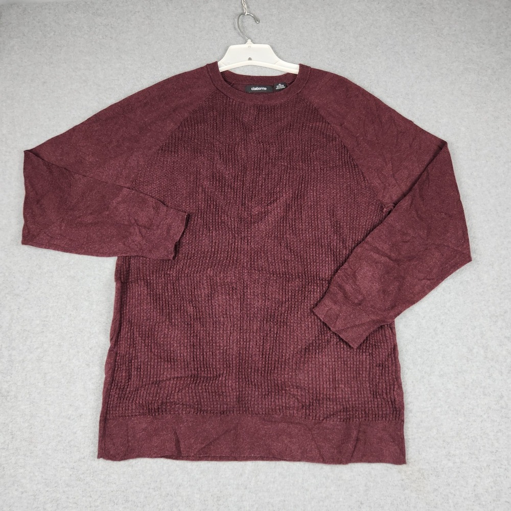 Claiborne Sweater Mens XL Burgundy Textured Waffle Knit Slim Crew Neck Pullover